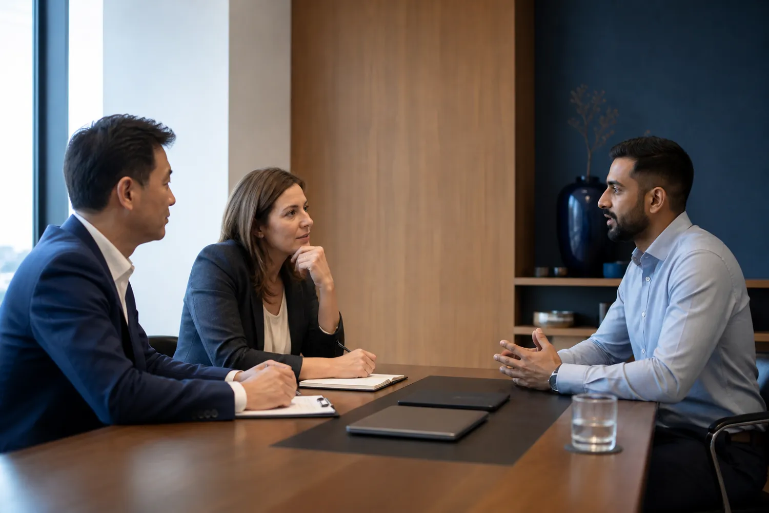 Professional candidate in a focused interview with two recruiters