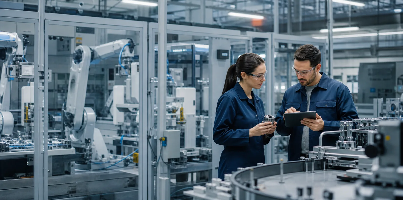 Engineers inspecting equipment in an advanced manufacturing facility