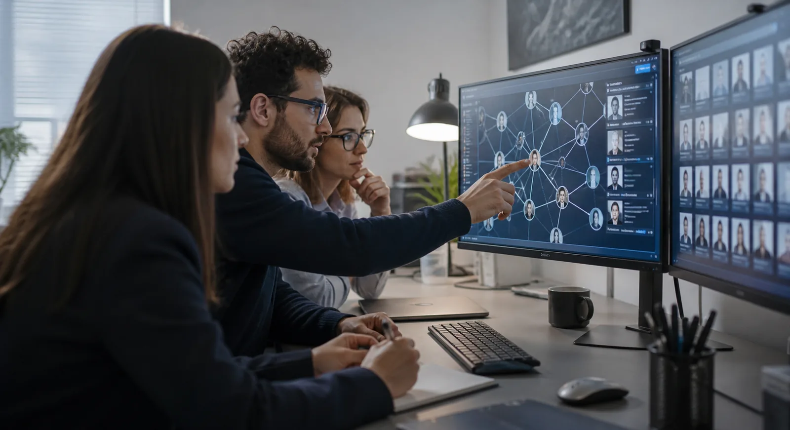 Talent researchers reviewing specialist candidate networks